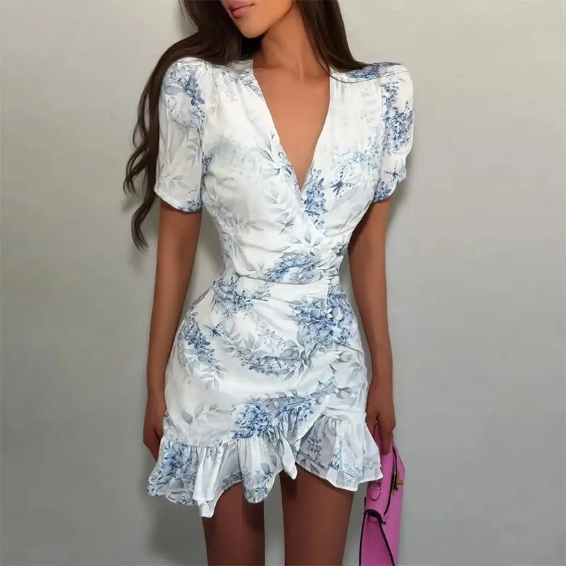 Floral Print V Neck Puff Short Sleeve High Waist Ruffle Hem Slim A-Line Mini Dress