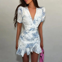 Floral Print V Neck Puff Short Sleeve High Waist Ruffle Hem Slim A-Line Mini Dress