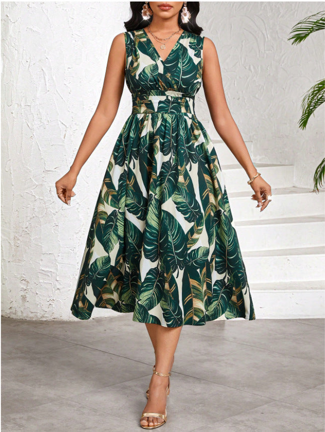 Tropical Leaf Print V-Neck High Waist Sleeveless A-Line Midi Dress