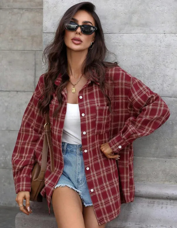 Wine Red Tartan Plaid Shirt, Oversized Longline Button Front Casual Blouse