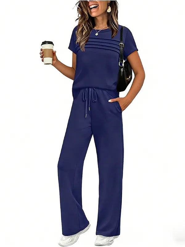 Short Sleeve Ruched Top & Drawstring Wide-Leg Pants Set