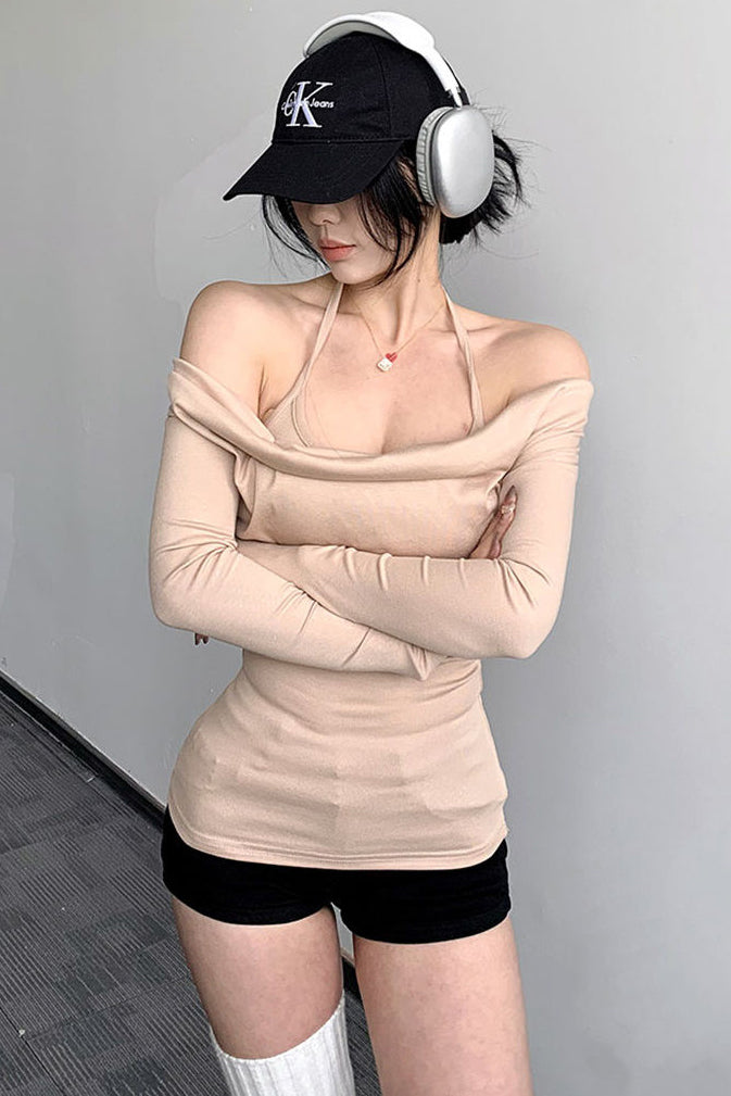 Off Shoulder Halter Long Sleeve Top Tee