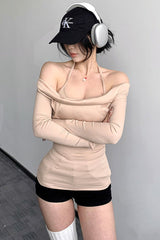 Off Shoulder Halter Long Sleeve Top Tee