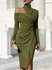 One Shoulder High Neck Ruched Bodycon Midi Dress