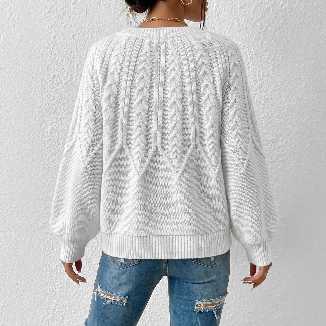 White Cable Knit Crew Neck Sweater Oversized Long Sleeve Pullover Jumper