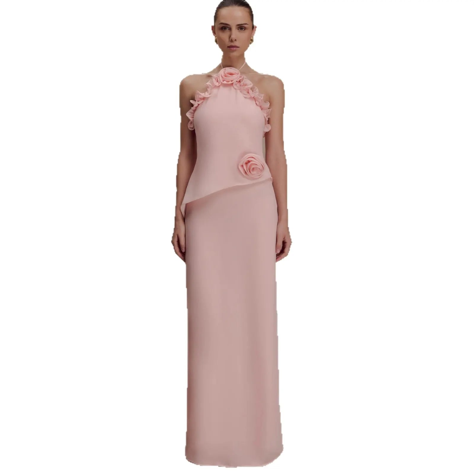 Pink 3D Floral Halter Neck Maxi Dress