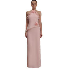 Pink 3D Floral Halter Neck Maxi Dress