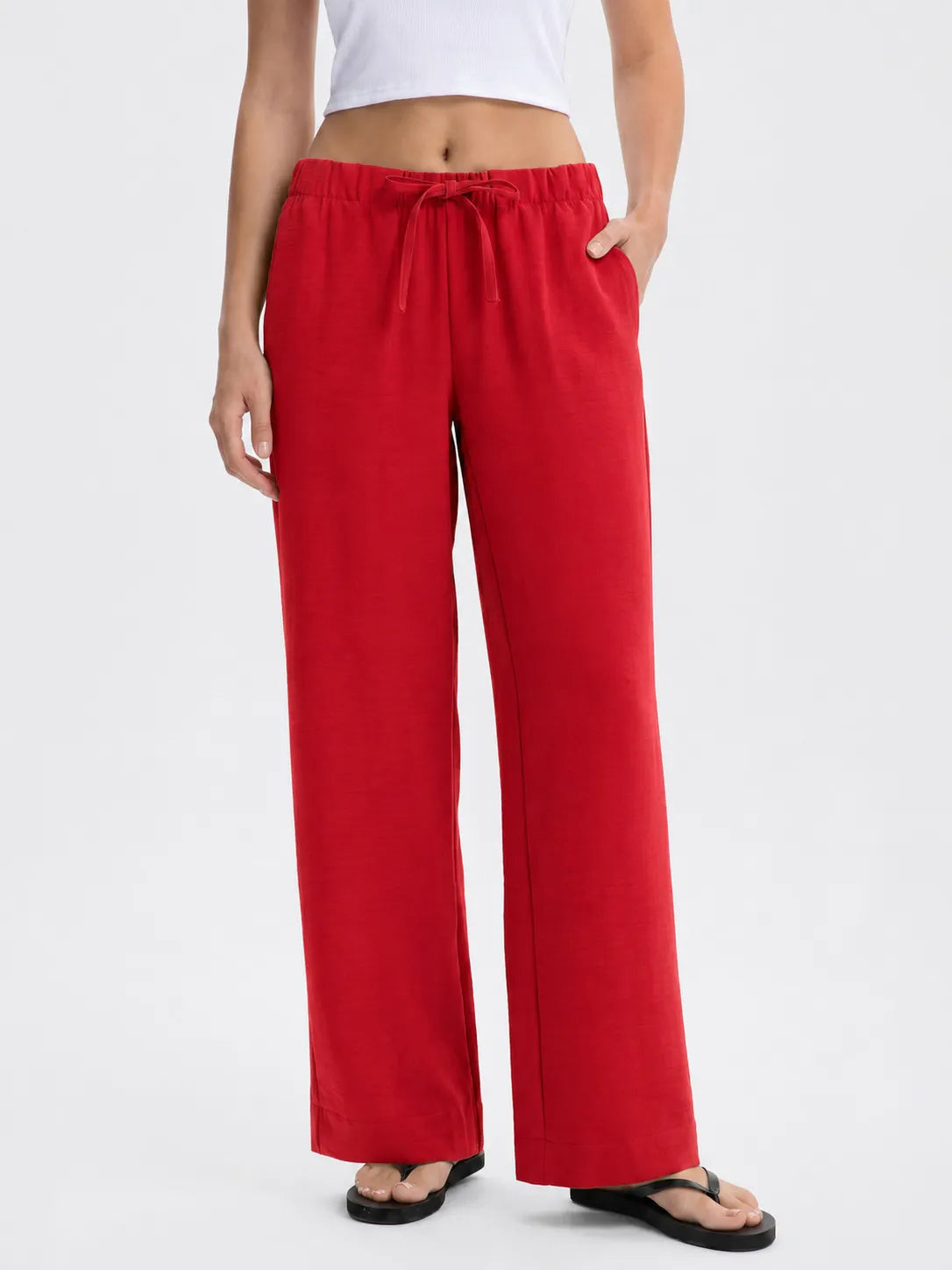 Drawstring Elastic Waist Wide Leg Casual Long Pants Solid Color Loose Trousers
