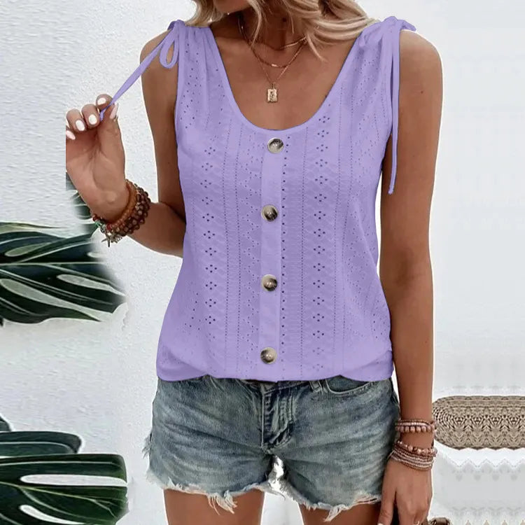 Solid Color Eyelet Embroidered Tie Shoulder Button Down Sleeveless Tank Top
