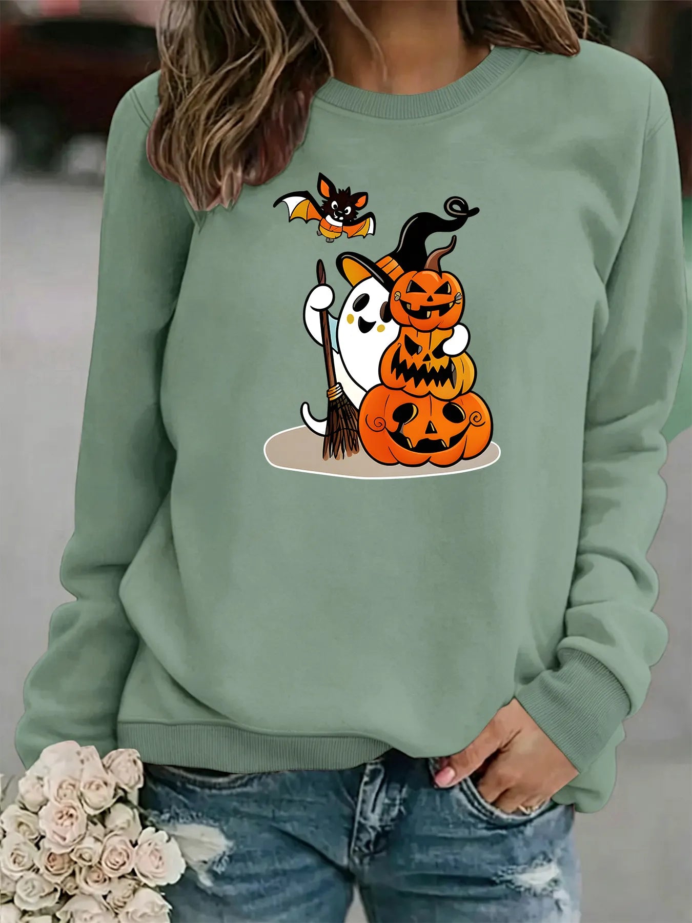 Halloween Ghost Pumpkin Bat Graphic Sweatshirt