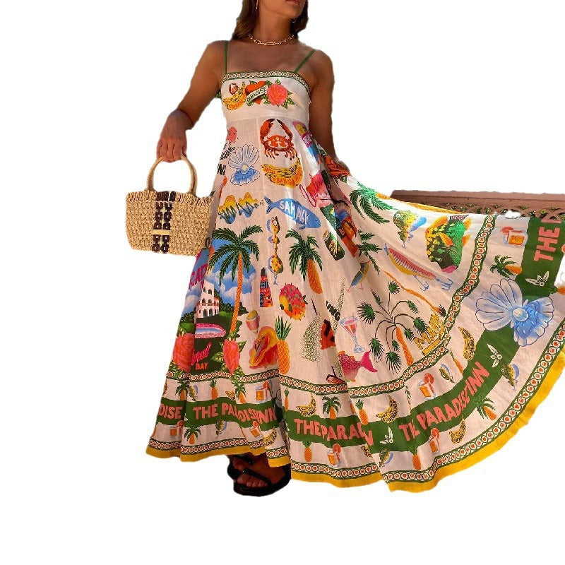 Whimsical Art Print Spaghetti-Strap Maxi Dress