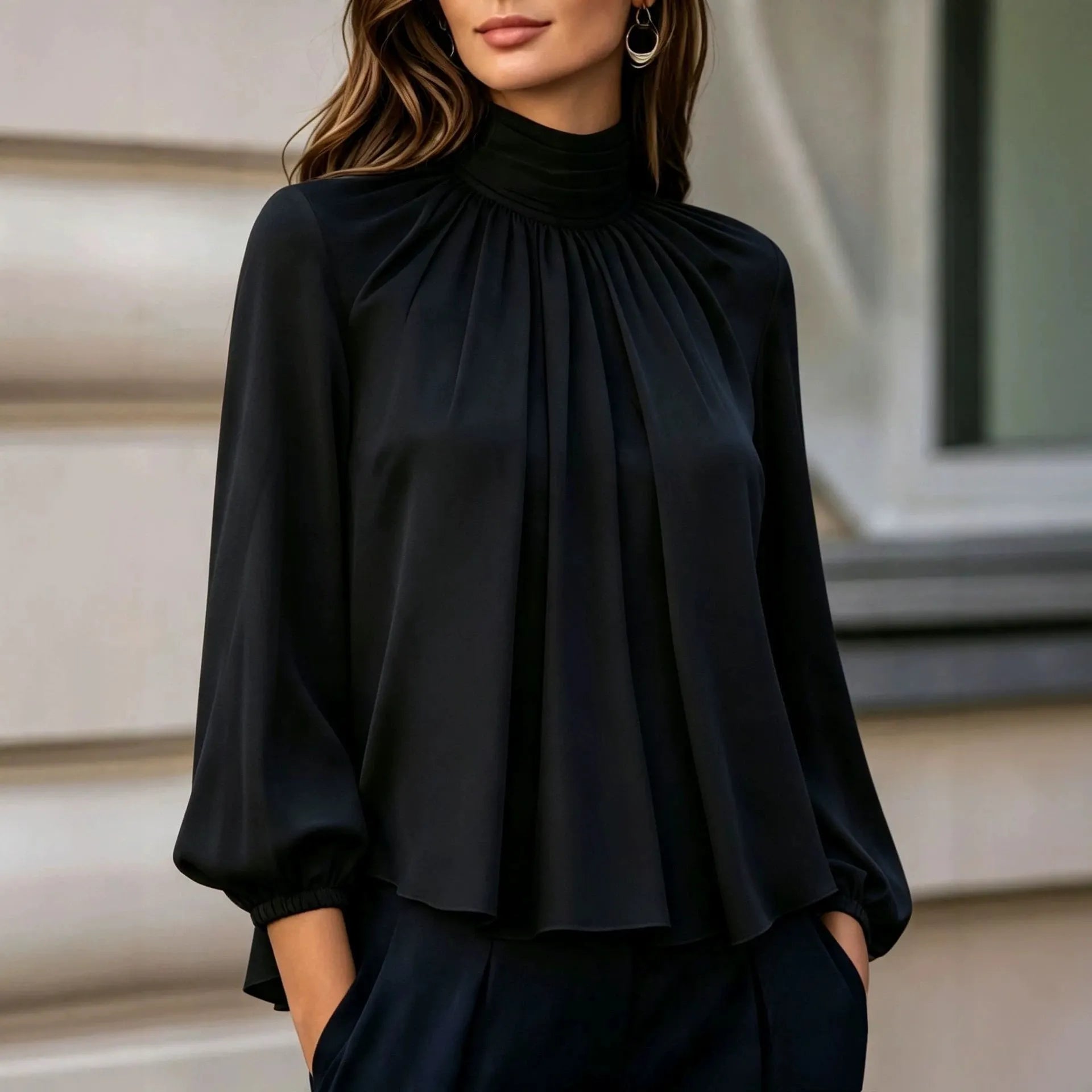 Mock Neck Pleated Chiffon Blouse Long Puff Sleeve Elegant Loose Work Shirt
