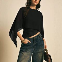 Elegant Two Piece Look Cape Sleeve Top, Asymmetric Hem Ruched Fitted Tee