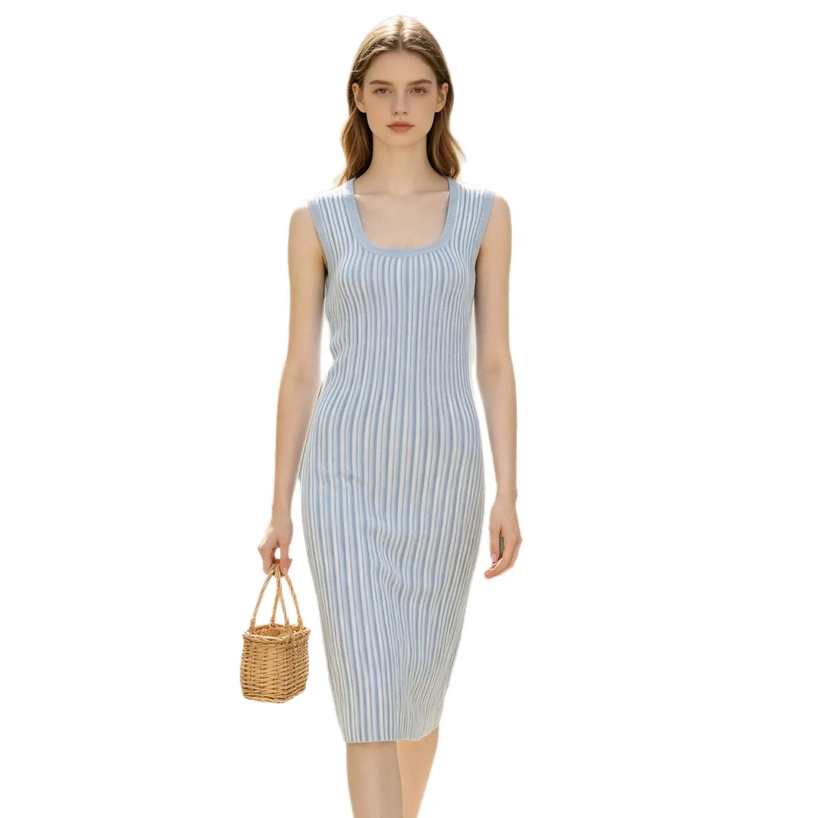 Square Neck Vertical Stripe Knit Sleeveless Midi Dress