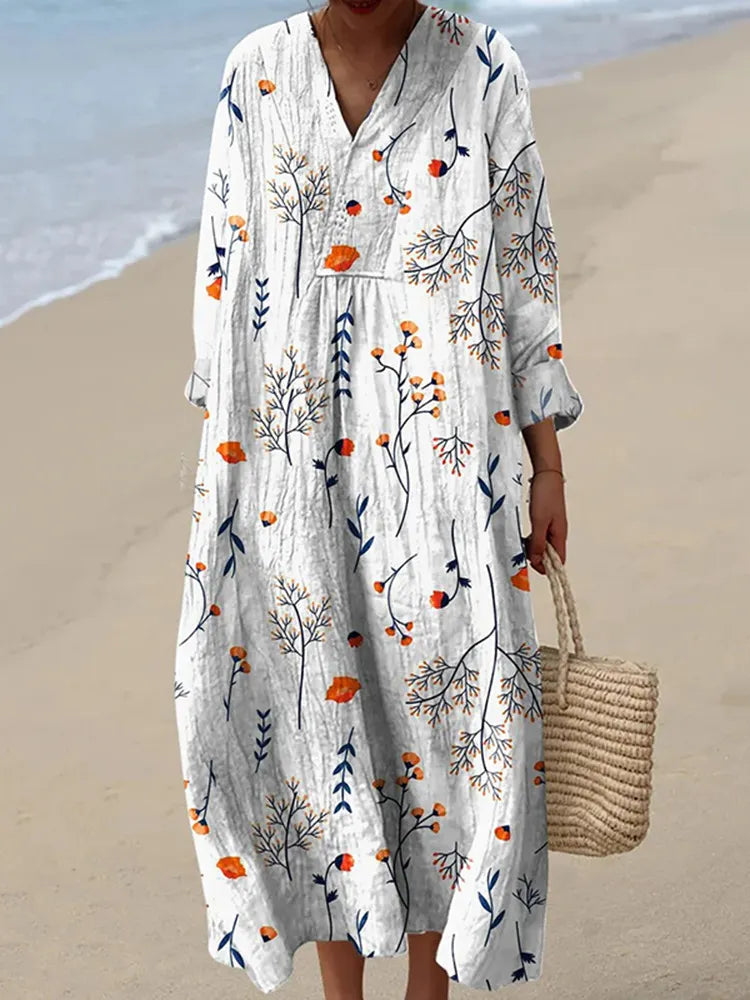 V‑Neck Floral Bird Print Mori Style Long Dress