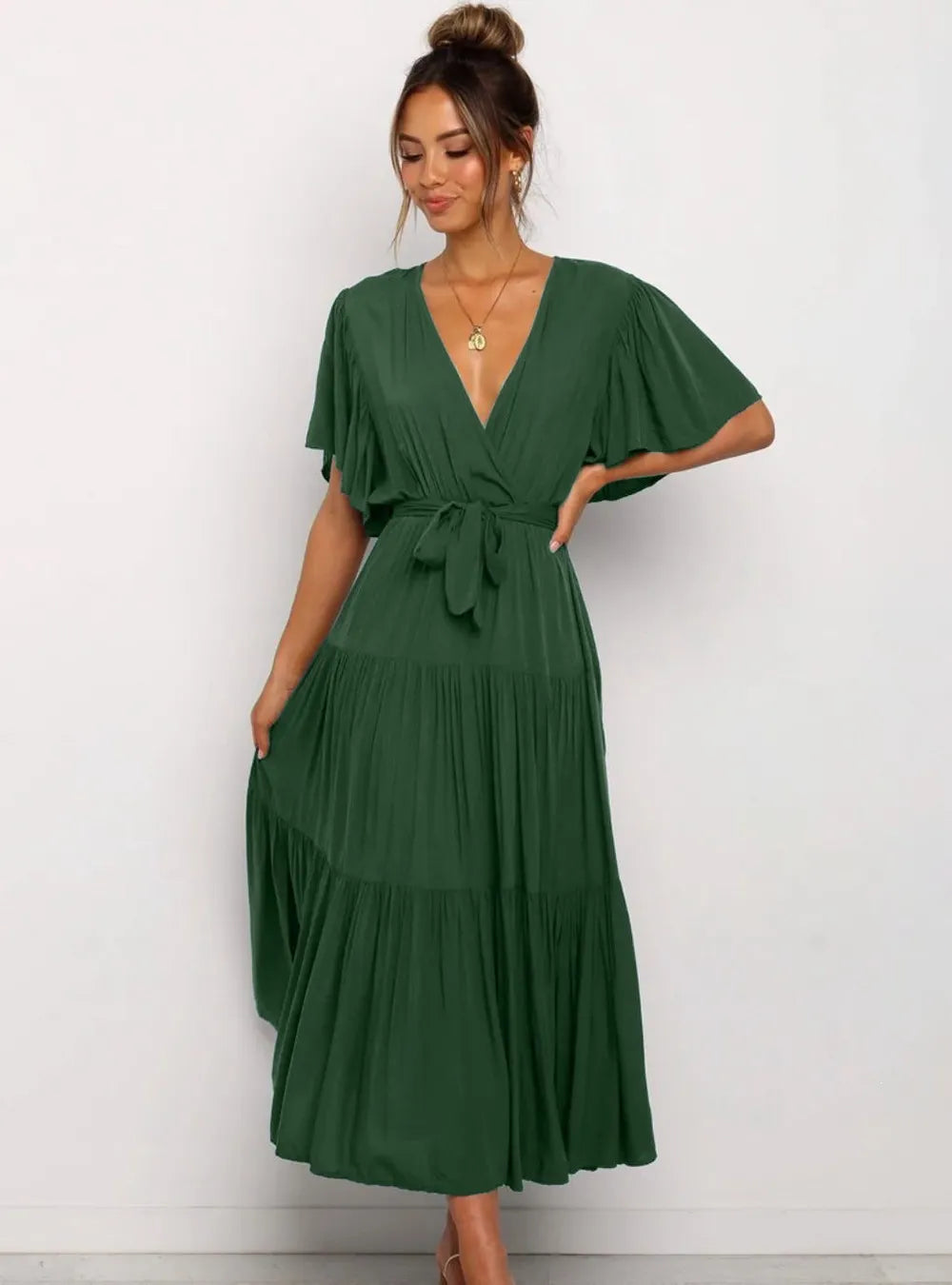 V Neck Flutter Short Sleeve Belted Tiered Maxi Swing Dress