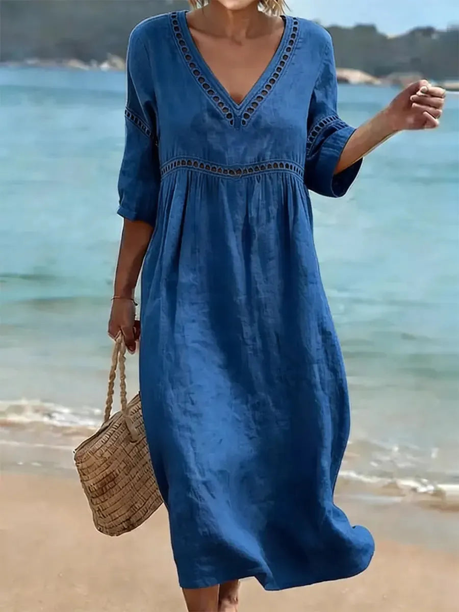 Deep V Neck Embroidery Trim Loose Cotton Linen Pull Pleat Maxi Dress