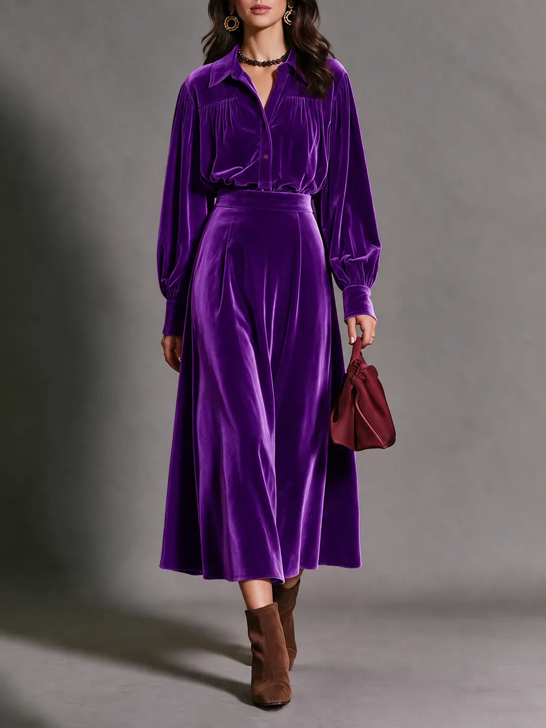 Purple Velvet Matching Set, Puff Sleeve Shirt and Flowy Midi Skirt