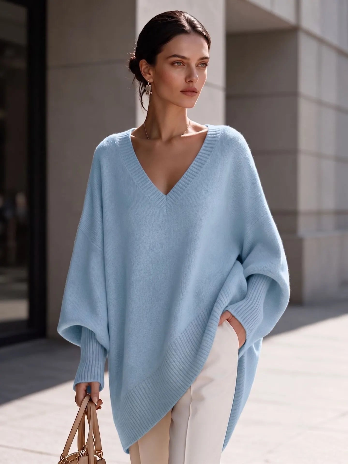 Dusty Pink Oversized V Neck Tunic Sweater, Batwing Long Sleeve Soft Knit Top