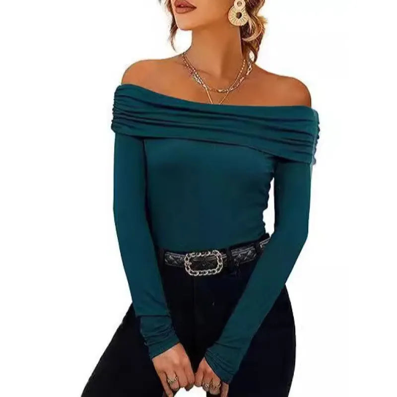 Off Shoulder Long Sleeve Slim Fit Solid Pullover Top