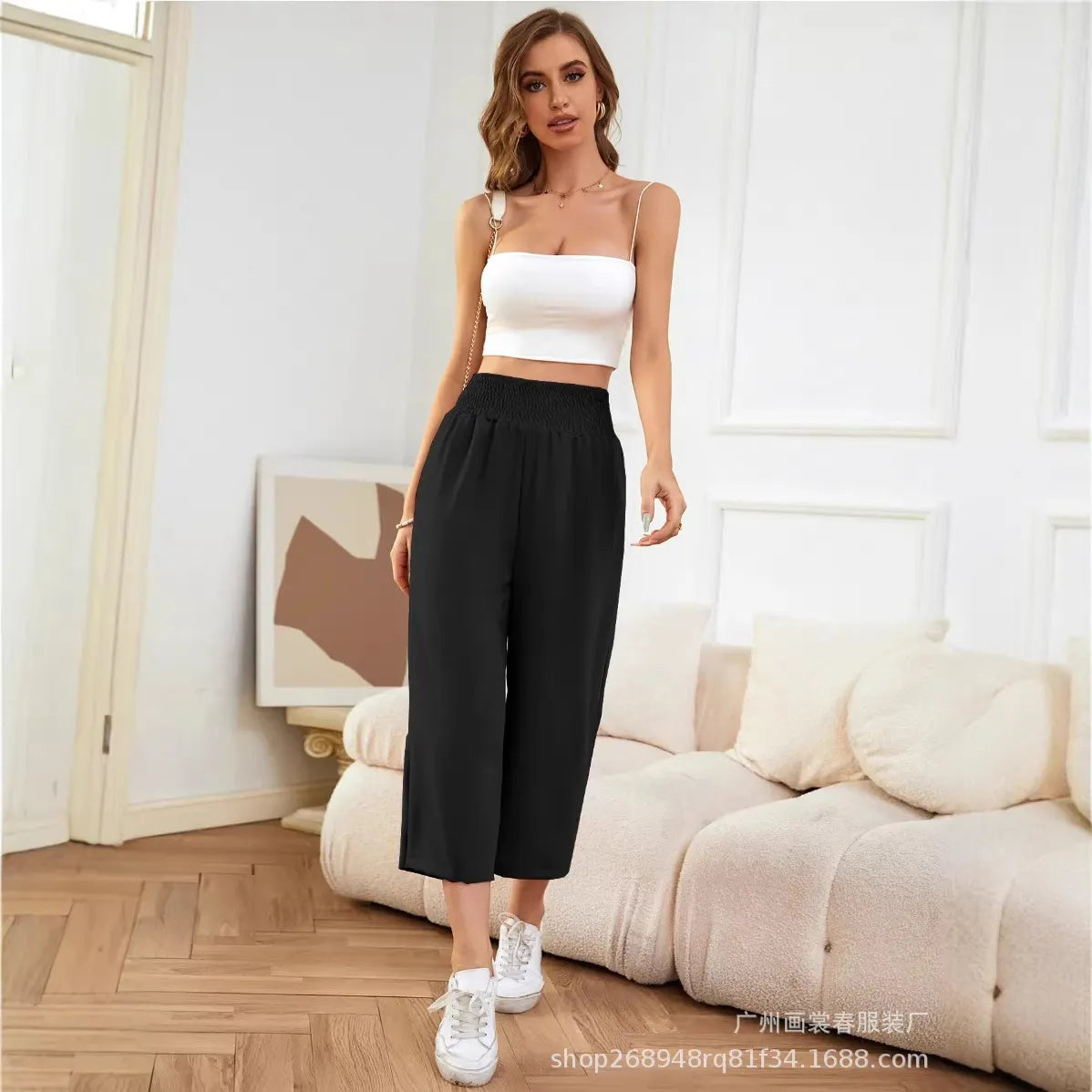 High Waist Smocked Waistband Wide Leg Cropped Pants