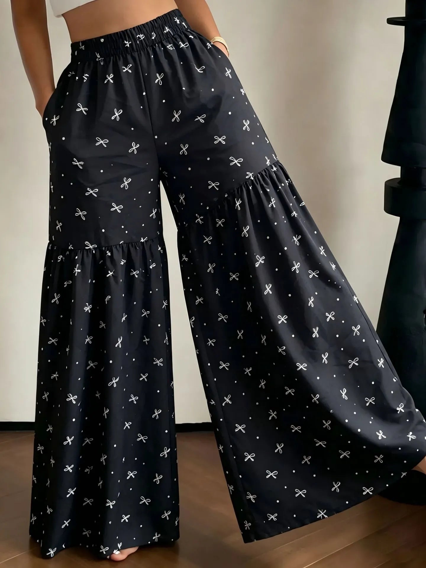 Elastic High Waist Floral Print Ruffle Wide Leg Palazzo Pants