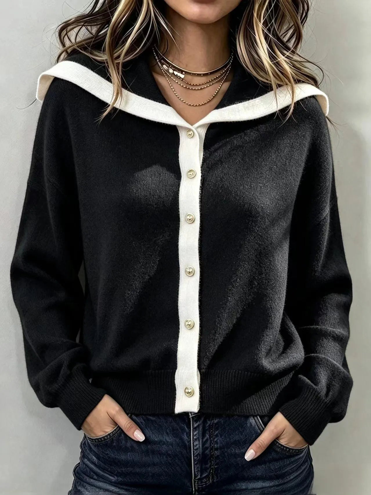 Sailor Collar Knit Cardigan, Contrast Trim Button Down Long Sleeve Sweater Top