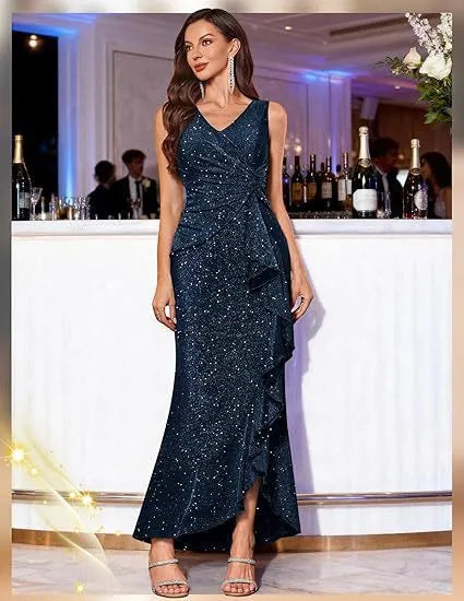 Sleeveless V Neck Sequin Maxi Dress, Ruched Ruffle Split Hem Formal Evening Gown