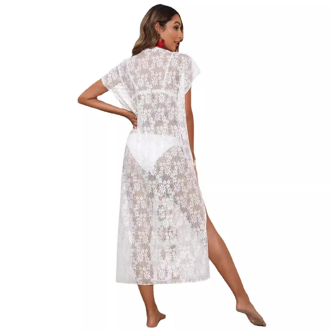 Colorful Crochet Patchwork Sheer Lace Beach Cover-Up Maxi Dress