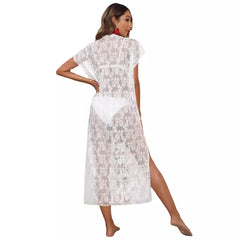 Colorful Crochet Patchwork Sheer Lace Beach Cover-Up Maxi Dress
