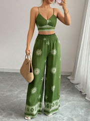 Printed Spaghetti Strap Crop Top & Wide Leg Pants Two-Piece Set