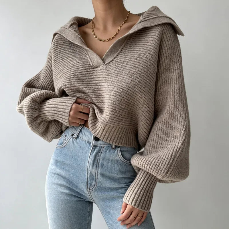 Trendy Wide Collar V Neck Cropped Chunky Knit Pullover Balloon Sleeve Sweater