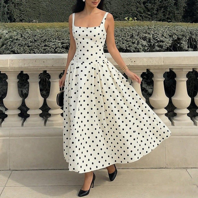 Polka Dot Square Neck Sleeveless High Waist Maxi Dress