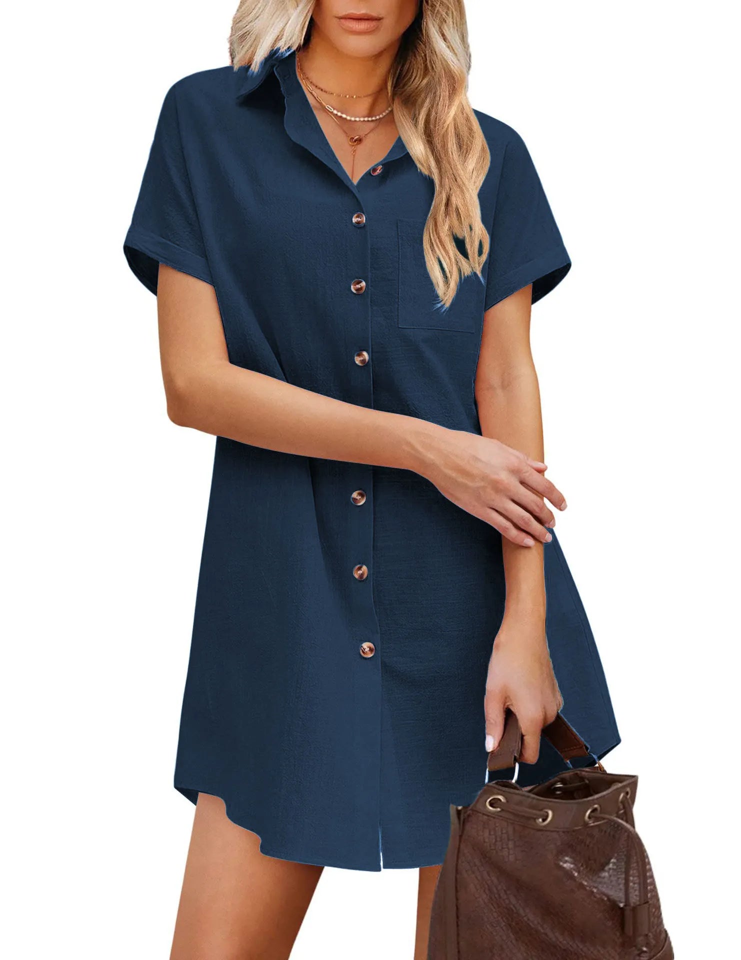 Casual Linen Shirt Dress Short Sleeve Button Down Mini Dress