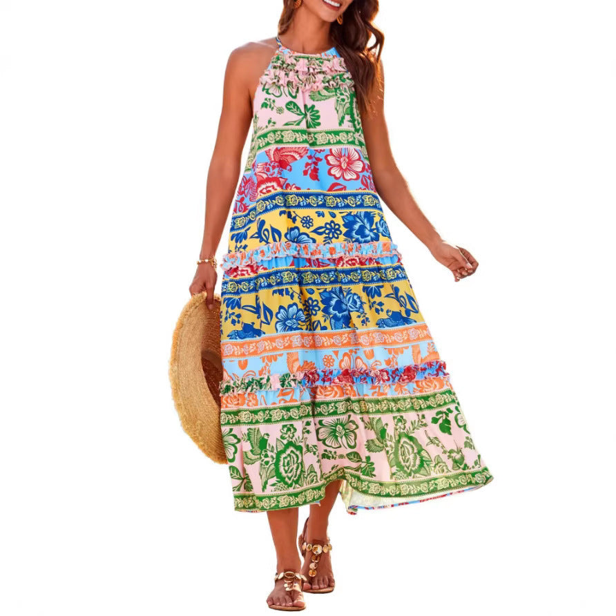 Boho Print Halter Neck Sleeveless Tiered Maxi Dress