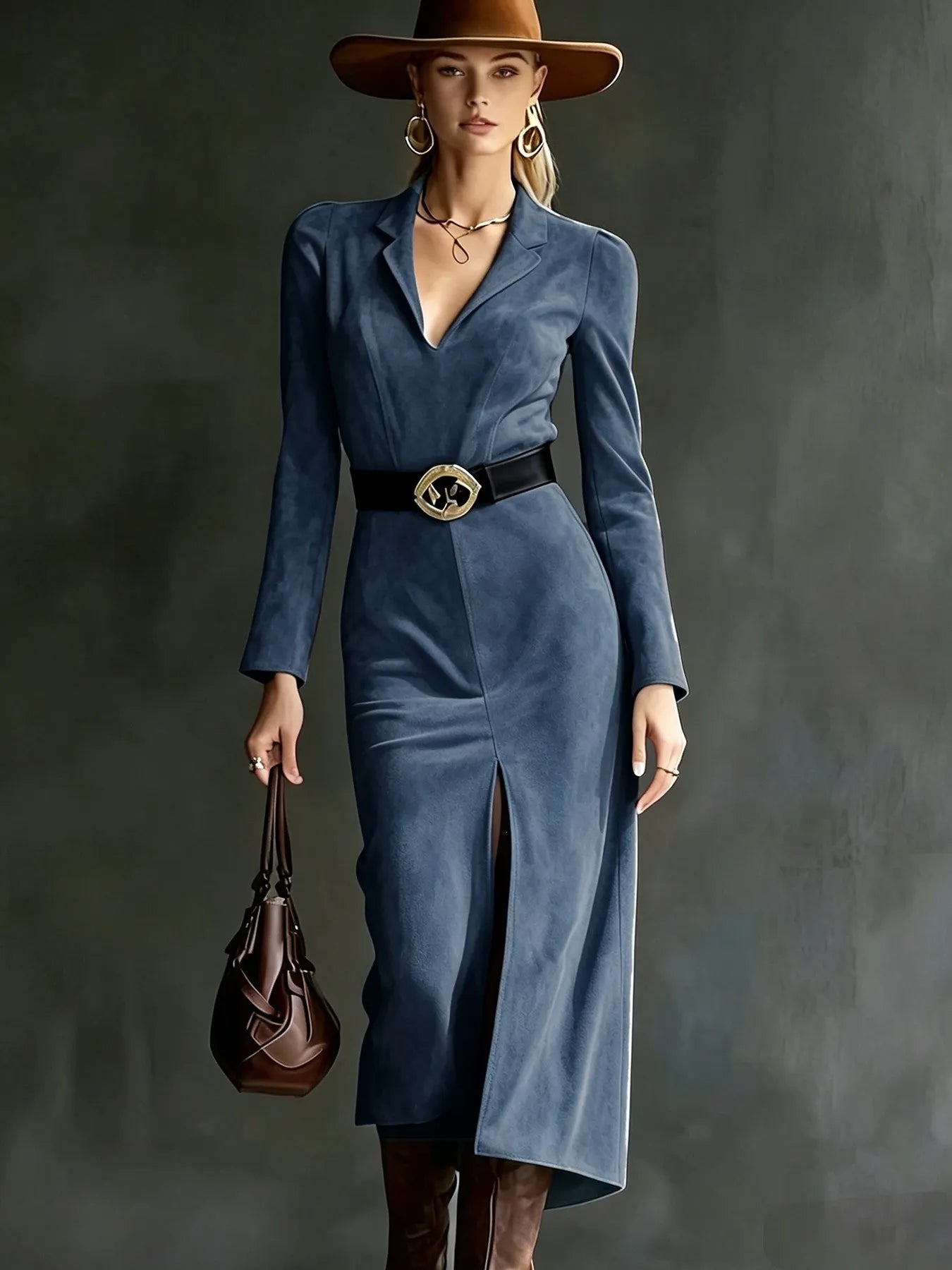 Brown Suede Lapel Long Sleeve Midi Dress With Belt
