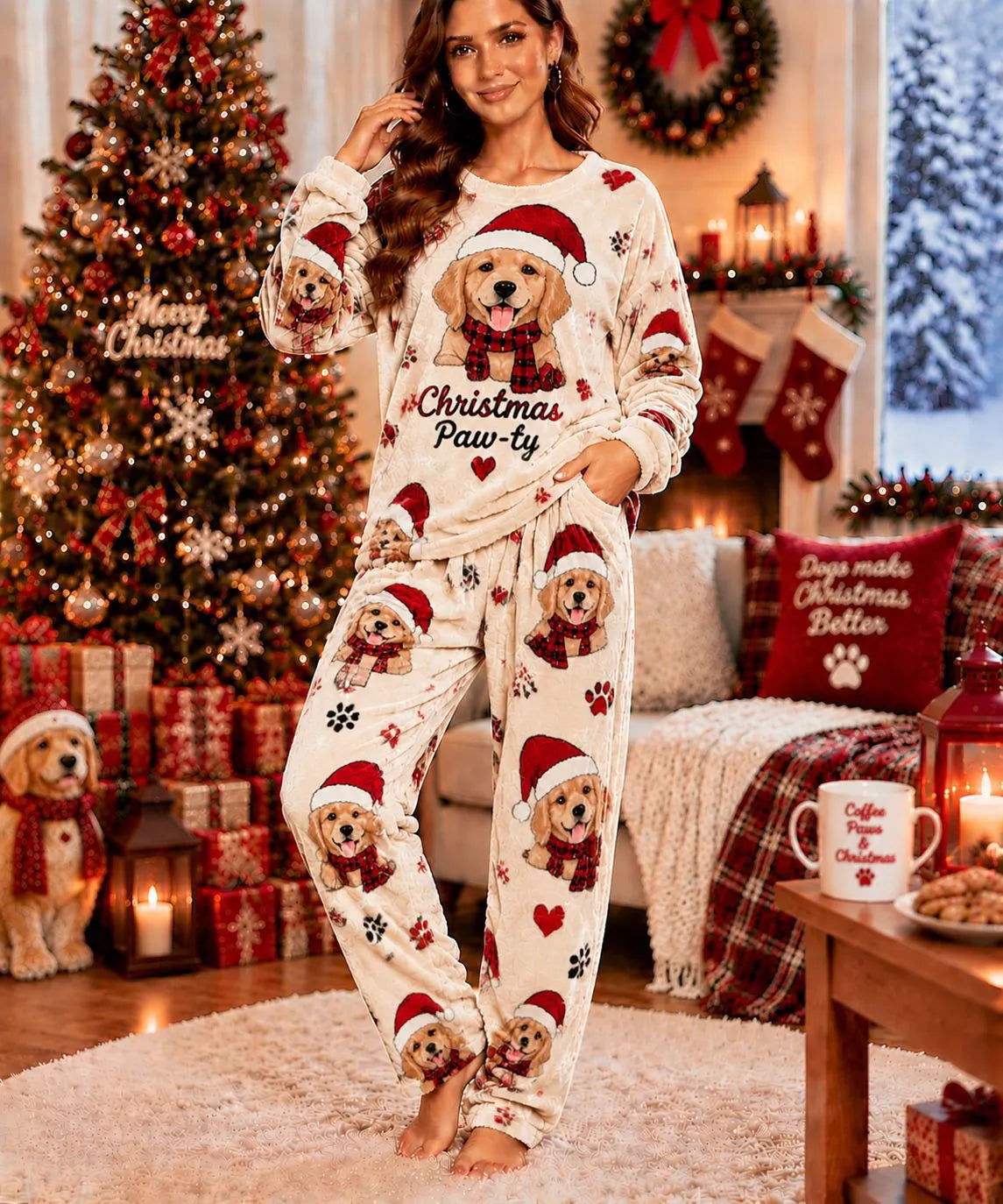 Cute Christmas Snowman Fleece Loungewear Set Round Neck Long Sleeve Top & Elastic Waist Full Length Pants