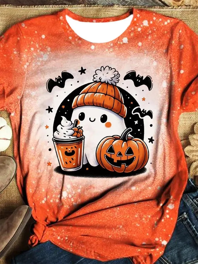 Halloween Floral Ghost Print Crew Neck Short Sleeve T‑Shirt