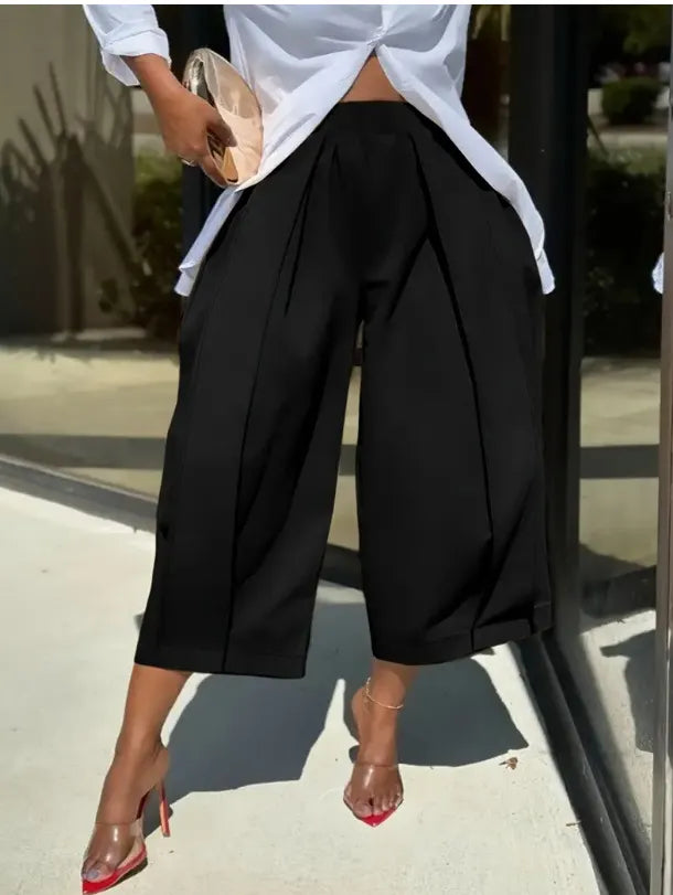 High Waist Front Pleated Cropped Wide Leg Pants