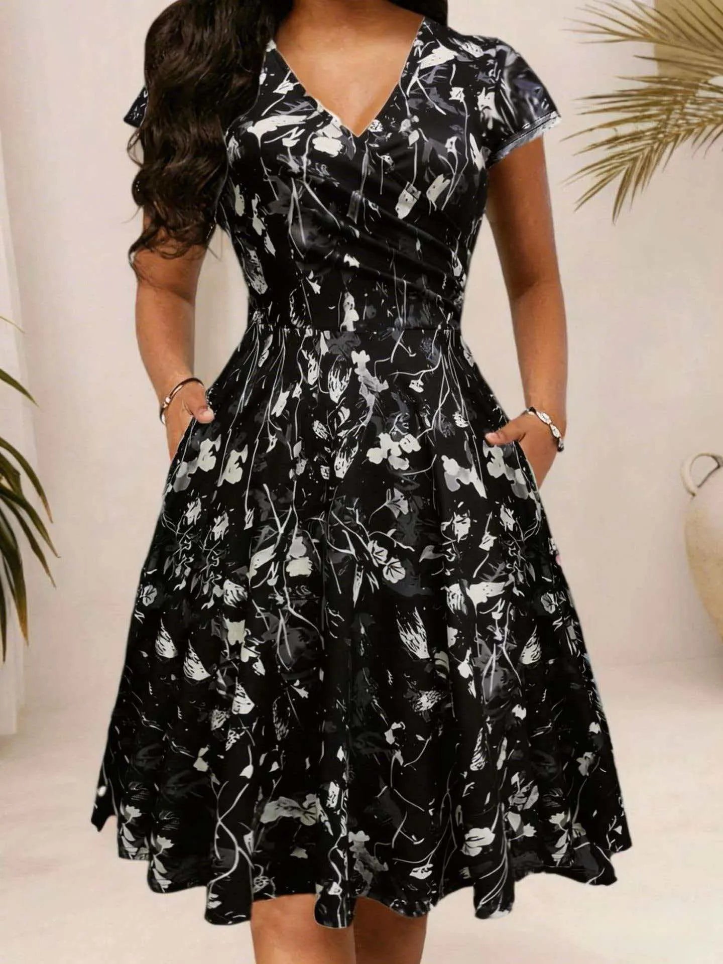 Round Neck Floral Print High Waist Flare Midi Dress
