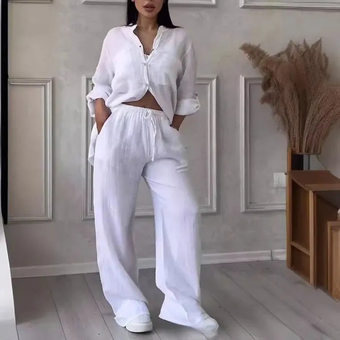Green Linen-Blend Button-Down Shirt & Wide-Leg Pants Set