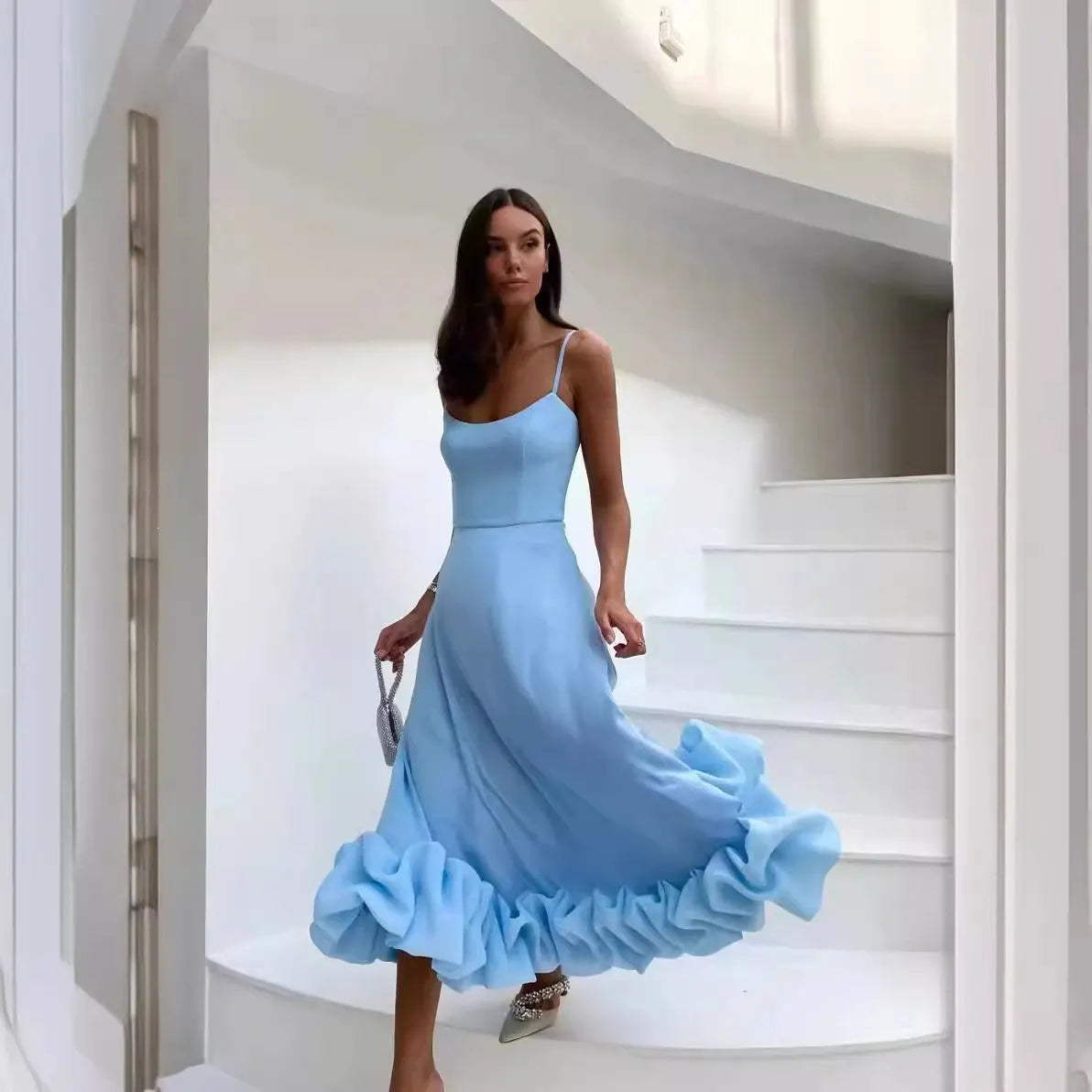 Solid U-Neck Sleeveless High Waist Pleated Flare Midi Dress