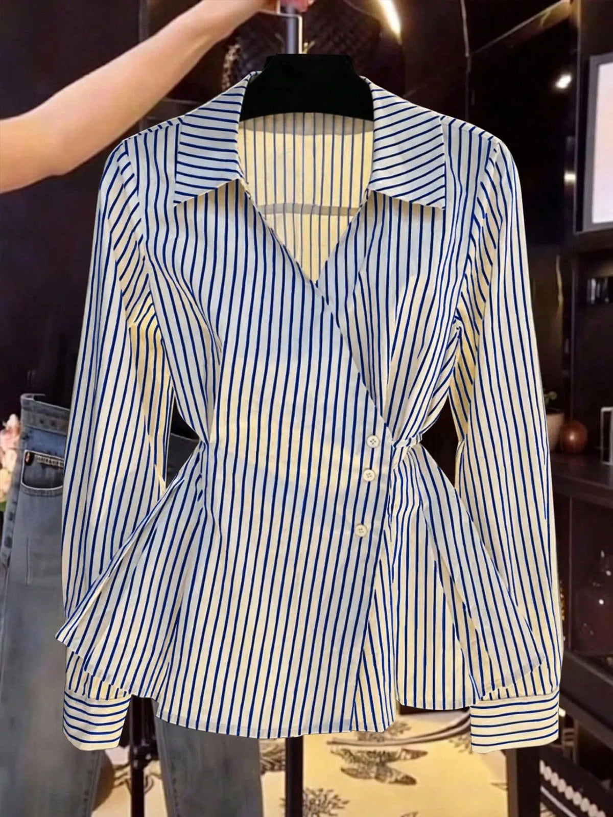 Lapel Wrap Side Tie Striped Slim Shirt