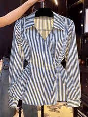 Lapel Wrap Side Tie Striped Slim Shirt