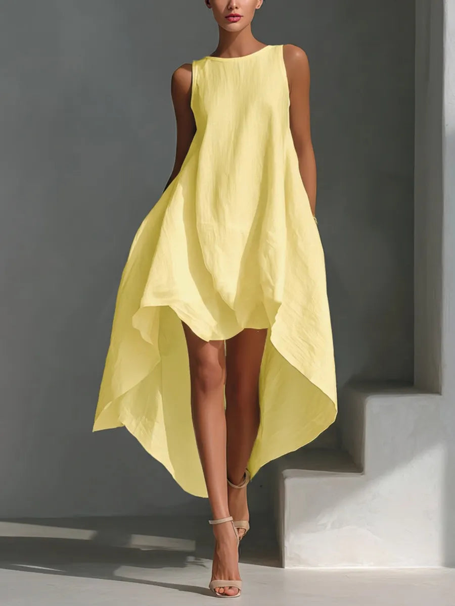 Round Neck Sleeveless High Low Linen Midi Dress