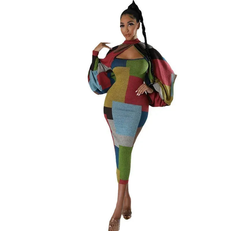 Geometric Patchwork Bodycon Midi Dress