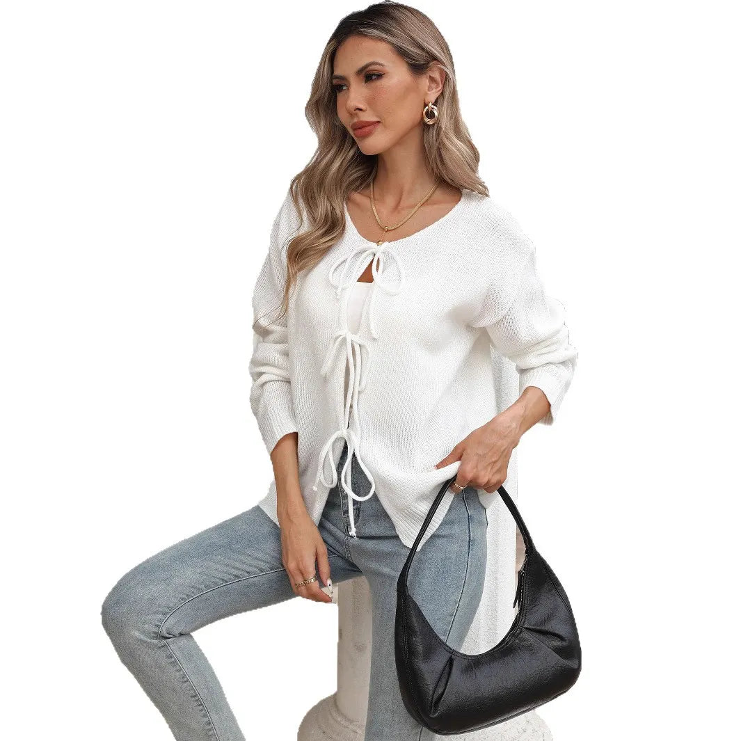 White Front Tie Knit Cardigan Long Sleeve Open Front Loose Lightweight Sweater Cover Up