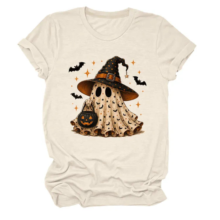 Halloween Ghost Witch Bat Print Crew Neck Short Sleeve T‑Shirt