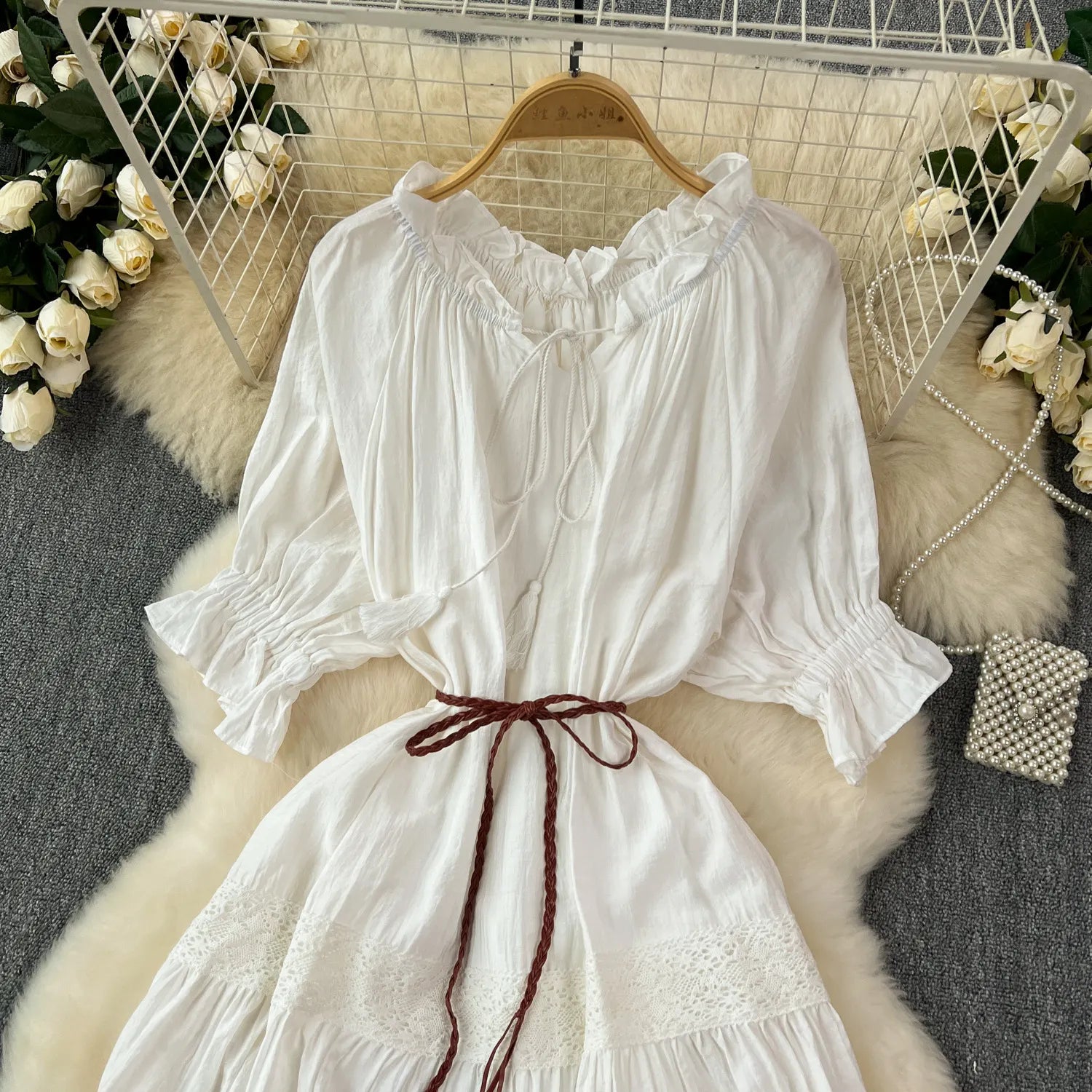 Ruffled Neck Drawstring Waist Lace Panel Tassel Hem Tiered Maxi Dress