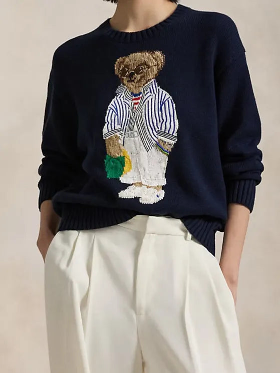 Cartoon Bear Applique Crew Neck Pullover Sweater